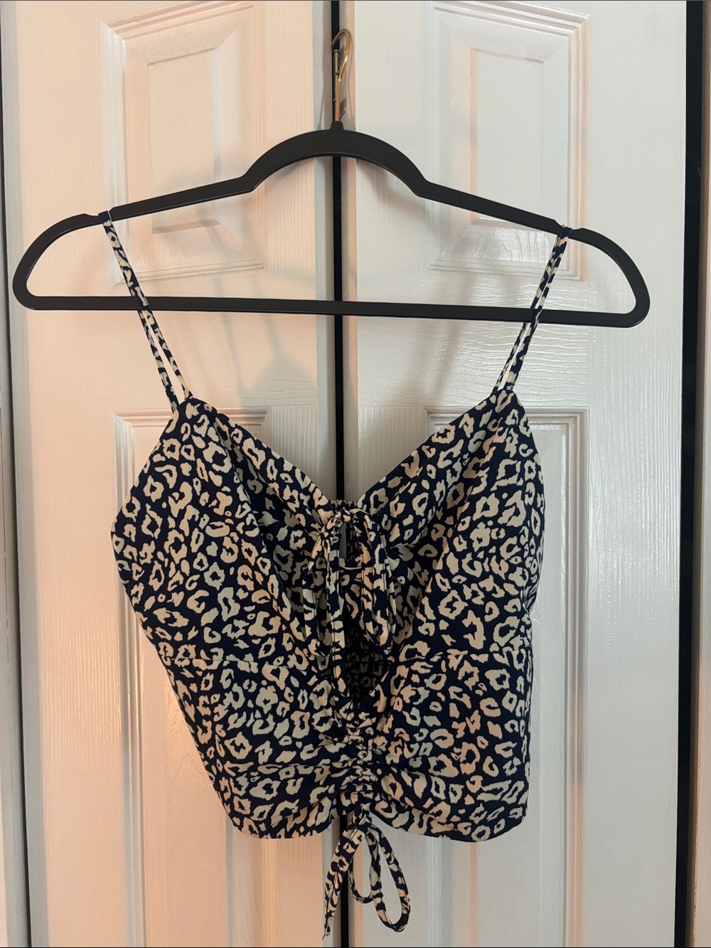 Navy and Cream Leopard Print Drawstring Cami Top